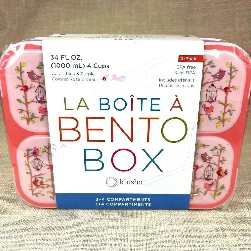 NEW 2 pk Bento Box Kinsho BPA free 34 fl oz‎ w/utensils unicorns and bird prints